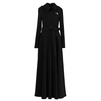 New Women Black Woolen Dress Autumn Winter Fashion Peter pan Collar Long Sleeve Wool Blends Long Dress Elegant Slim Dress