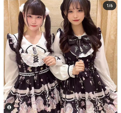 Vestido de princesa Lolita de manga larga ajustado con lazo grande y estampado de conejo de dibujos animados para mujer, estilo japonés dulce, primavera 2024