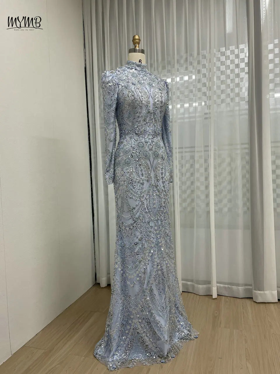 MYMB Luxury Beaded High Neck Long Sleeves Evening Wedding Guest Dress Muslim Elegant Blue Mermaid Party Gowns vestidos de gala