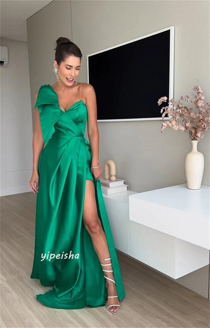 Jiayigong High Quality  Classic Modern Style Formal Evening One-Shoulder A-line Bow Ruched Satin Bespoke Occasion Dresses