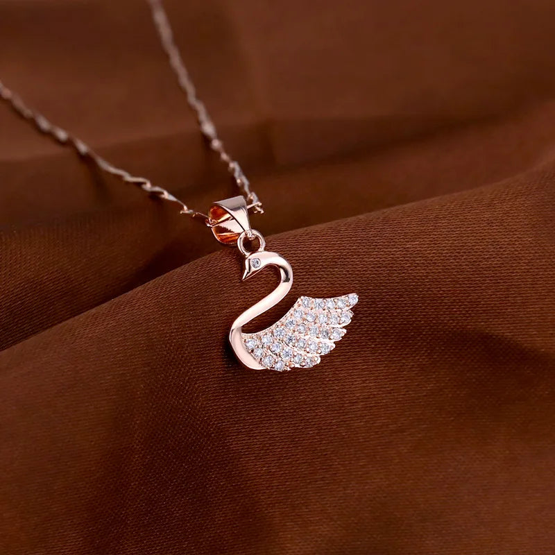 Collier en argent sterling 925 avec pendentif en forme de cygne en or rose pour femme, chaîne de clavicule en zircon, bijoux fins, accessoires romantiques, cadeaux