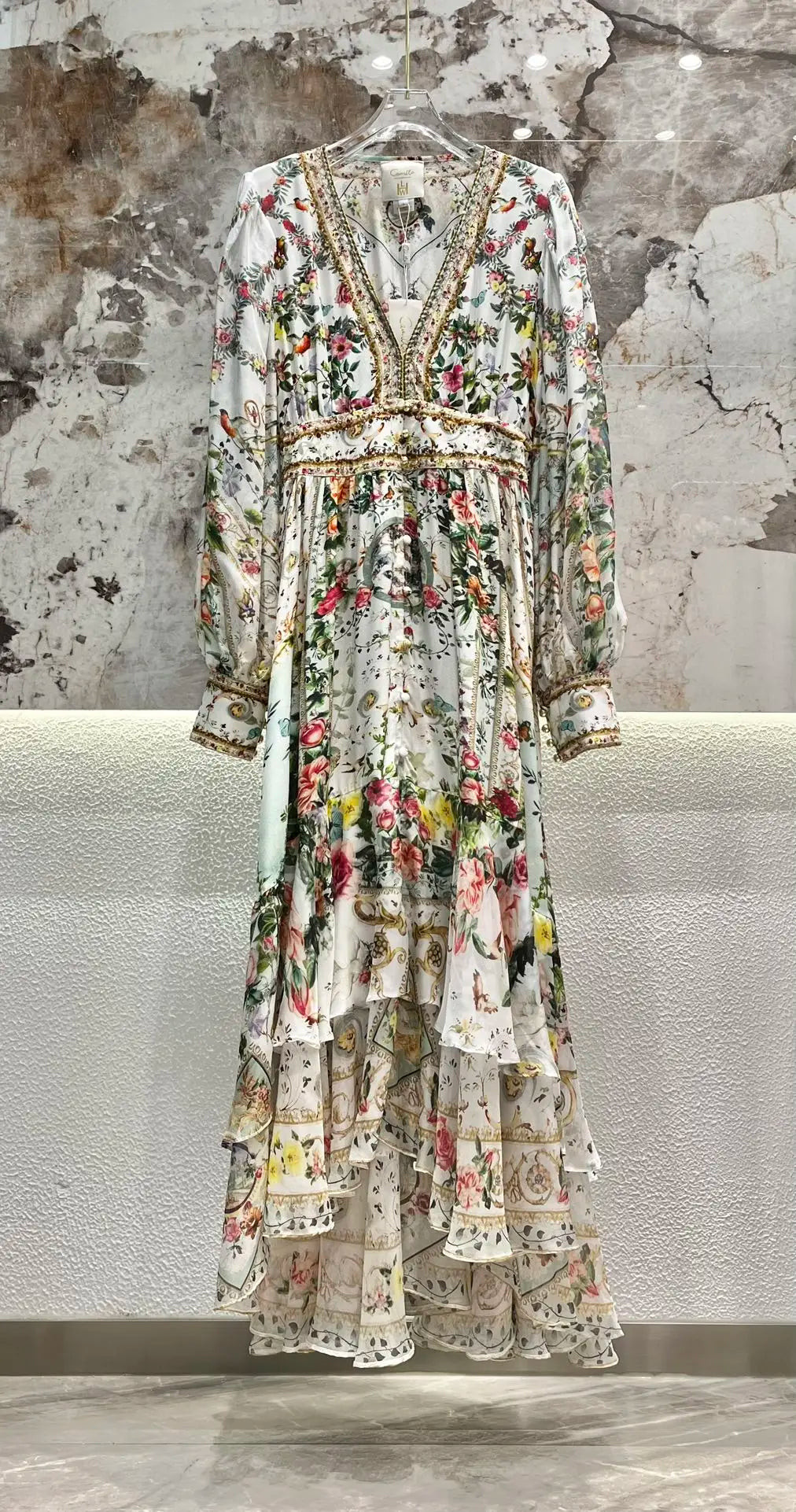 Vestido largo de fiesta para mujer, con escote en V profundo, botones delanteros con cuentas y estampado de flores, manga larga, 100 % seda