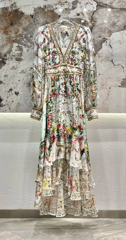 Robe longue de vacances 100 % soie à imprimé floral pour femme, col en V profond, boutons perlés sur le devant, manches longues