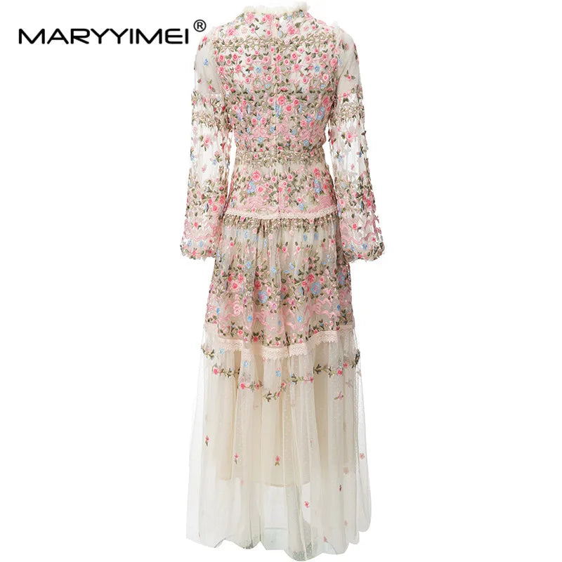 MARYYIMEI New 2023 Vintage Fashion Designer Dress Women's Mesh Embroidered Translucent Lantern Sleeve Slim White Long Dress