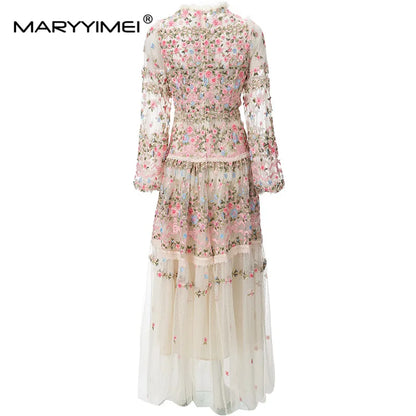 MARYYIMEI New 2023 Vintage Fashion Designer Dress Women's Mesh Embroidered Translucent Lantern Sleeve Slim White Long Dress