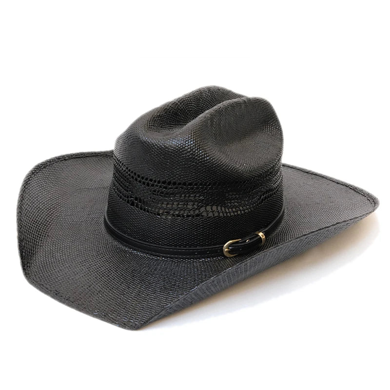 Chapeau de soleil simple à ceinture noire ajourée en paille dure Yellowstone pour la plage, style western américain, à large bord, style cow-boy, style cow-girl, pincement sur le devant, 55-61 cm