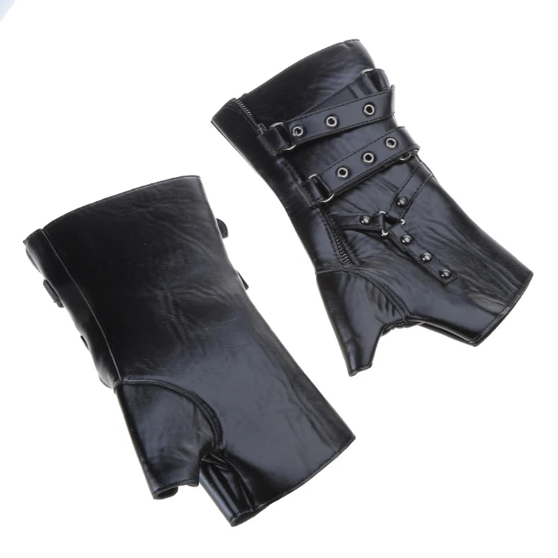 Guantes sin dedos de cuero de PU con remaches Steampunk para hombres y mujeres, guantes de medio dedo