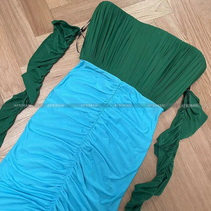 Vestido formal largo con pliegues y diseño de espiga sin tirantes elástico para mujer, con guantes