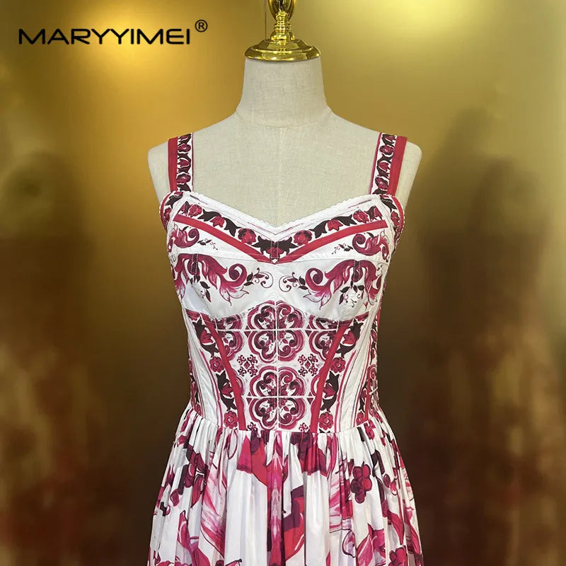 MARYYIMEI Fashion Women Pure cotton dress Spaghetti Strap Print long Dresses