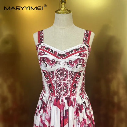 MARYYIMEI Vestido de algodón puro para mujer, vestidos largos con estampado de tirantes finos