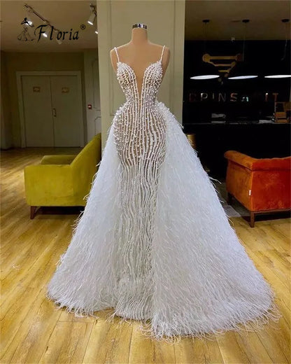 Elegant Full Pearls Mermaid Evening Dress White Spaghetti Strap Feathers Floor Length See Through Prom Dress Robe De Soiree