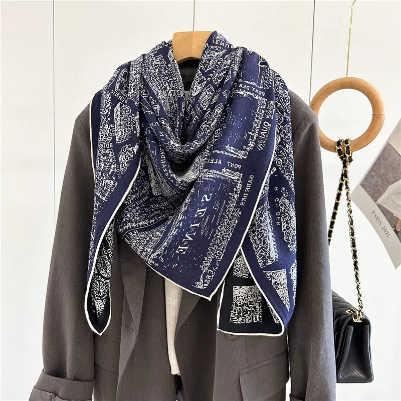 Double Sided Wool Scarves Wraps Foulard 2024 NEW Prints Womens Fashion Warm Blanket Scarf Shawl Poncho 132x132CM