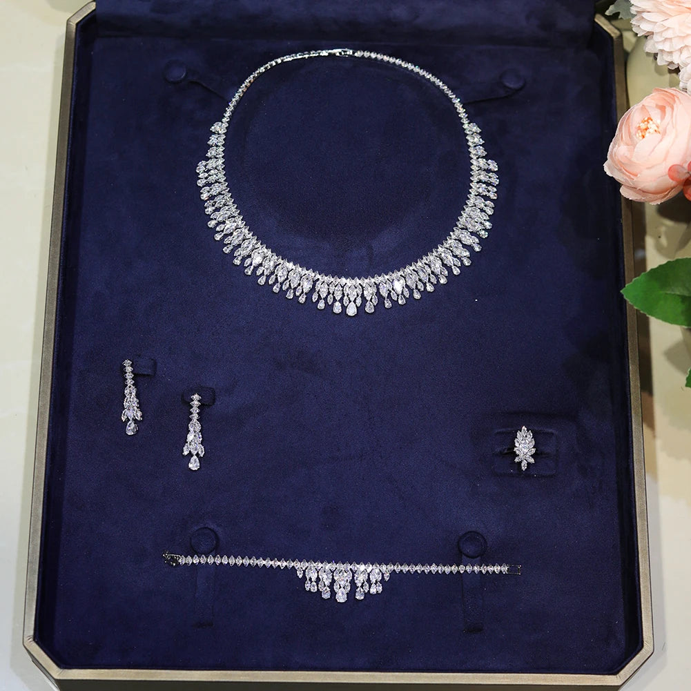 Ensemble de bijoux de mariée avec collier et boucles d'oreilles en zircone cubique pour femmes, accessoires de fête de mariage, livraison gratuite