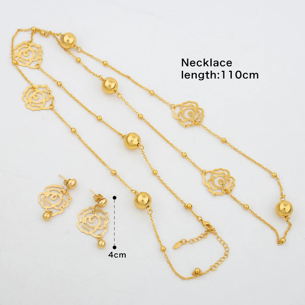 Dubai Gold Color Jewelry Set Fashion Long Chain Necklace Stud Earings Set African Bride Jewelry For Women Wedding Party Gifts