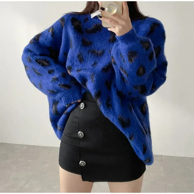 Autumn Warm Leopard Print Pullover for Women Casual Loose Oversized Sweater Pullovers O Neck Long Sleeve 2024 Women's Jumpers