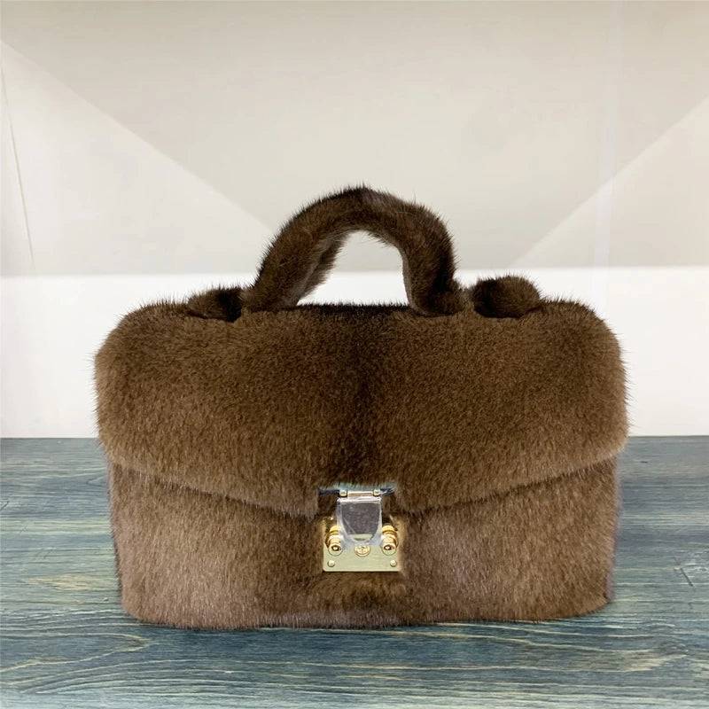 Small Square Bag Imported Mink Fur Whole Leather Women's Bag Genuine Fur Bag Versatile Chain Single Shoulder Crossbody Bag Women