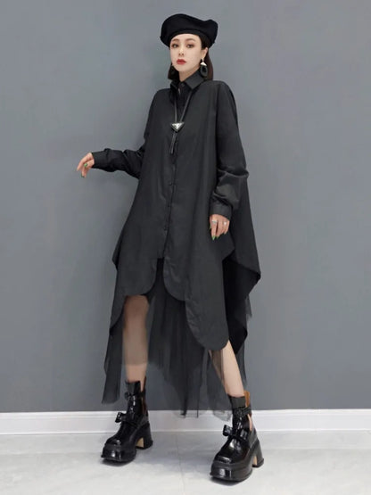 SHENGPALAE Mesh Splicing Oversized Long Sleeve Dress Women's 2024 Spring Summer New Fashion Tide Solid Color Shirt Dresses 5R956