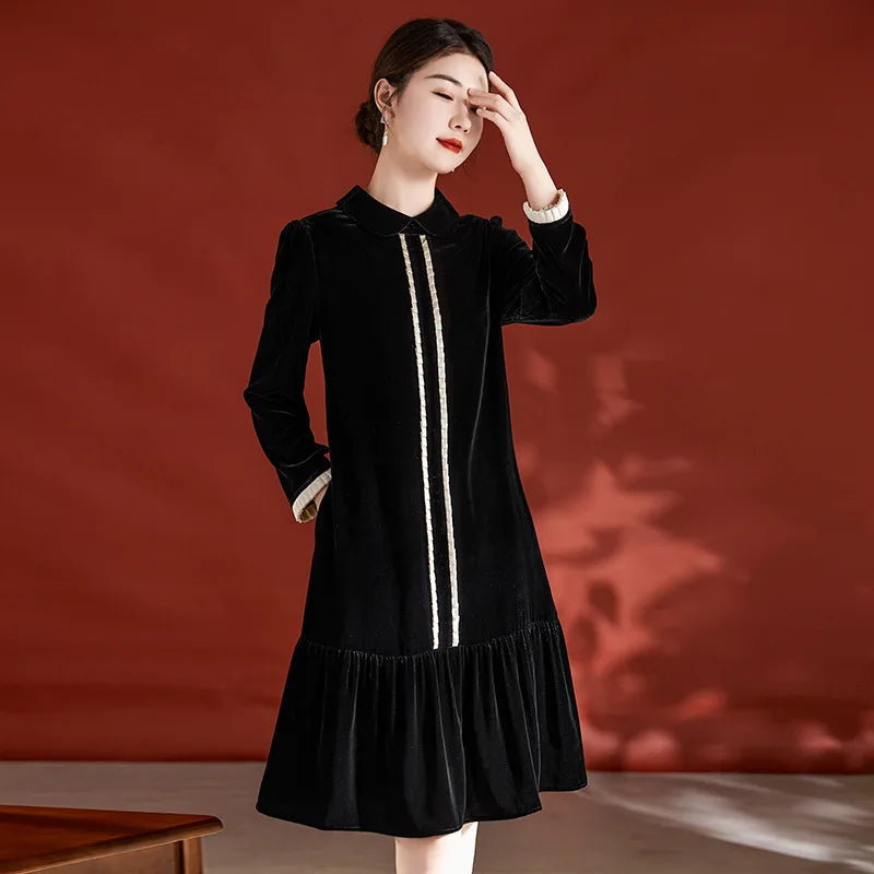 BirdTree, Real Silk Velvet Elegant Dresses, Women Long Sleeve Lapel Ruched, Commute Retro OL Dress, 2024 Summer Autumn D47111QM