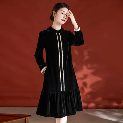 BirdTree, Real Silk Velvet Elegant Dresses, Women Long Sleeve Lapel Ruched, Commute Retro OL Dress, 2024 Summer Autumn D47111QM