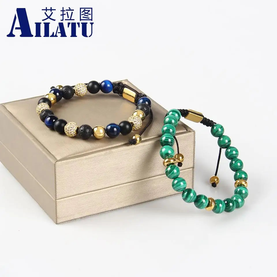 Ailatu Lot de 10 bracelets en macramé avec boules en zircone cubique de 8 mm pour hommes, perles en pierre naturelle, service de logo gratuit