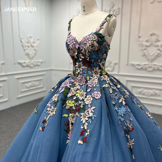 Exquisite Blue Quinceanera Dress Spaghetti Strap Floral Print Sweetheart Ball Gown Lace Up Evening Down Dresses DY9897 Avondjurk