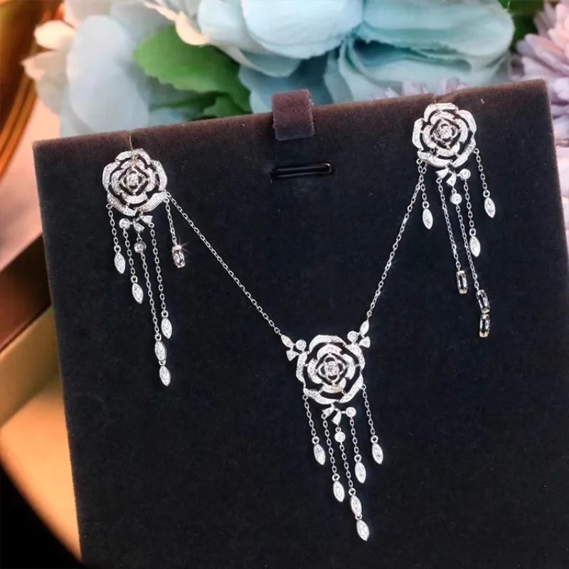 Newly Designed Hollow Rose Flower Tassels Necklace Earring Elegant Women's Silver Color Jewelry Accessories Valentine's Day Gift