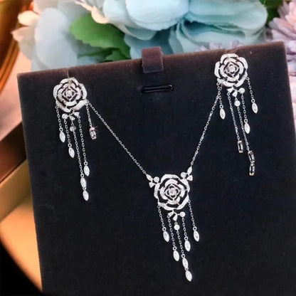 Newly Designed Hollow Rose Flower Tassels Necklace Earring Elegant Women's Silver Color Jewelry Accessories Valentine's Day Gift