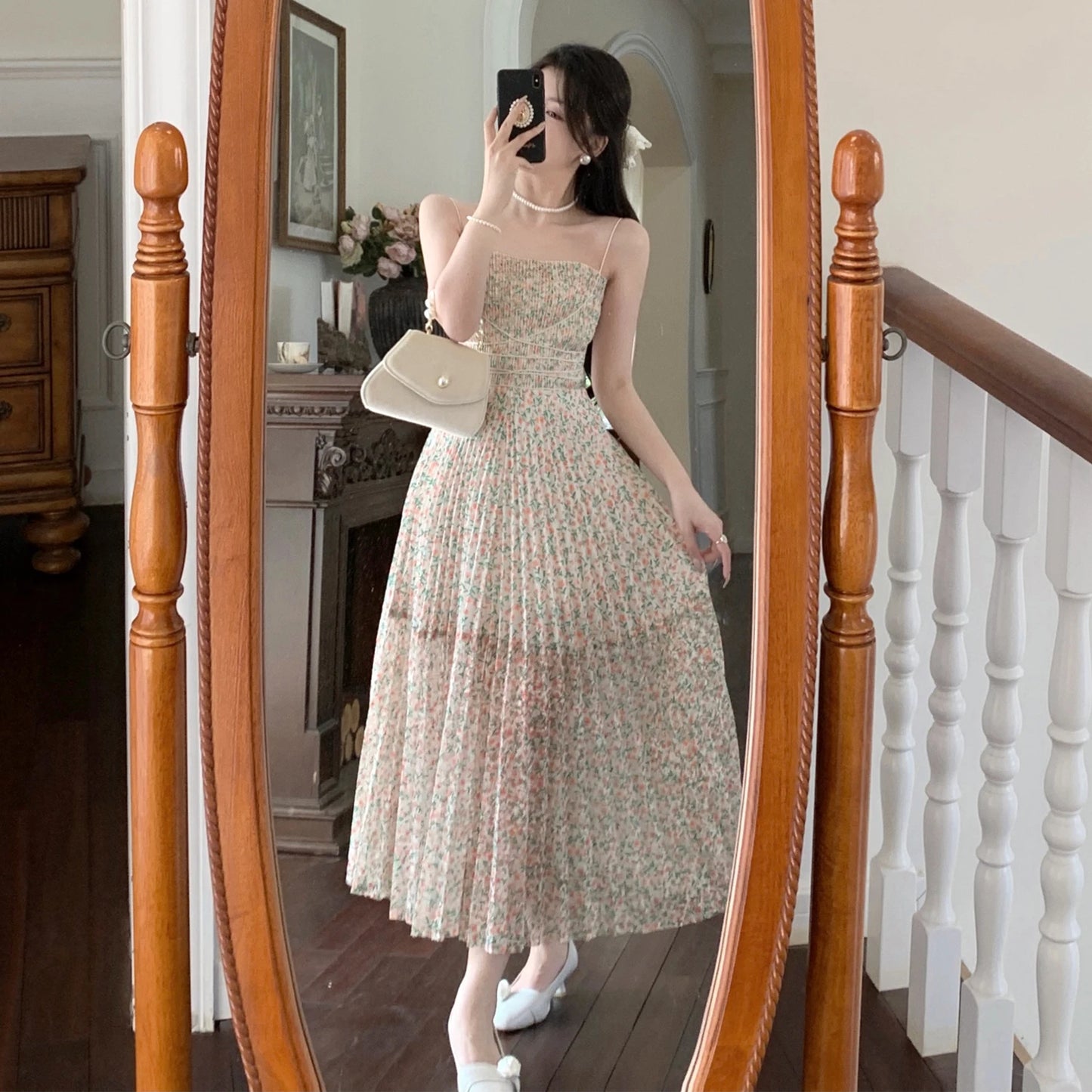 Women Wedding Guest Dresses French Style Summer Vintage Floral Pleated Dress Women Spaghetti Strap High Waist Pleated Dress