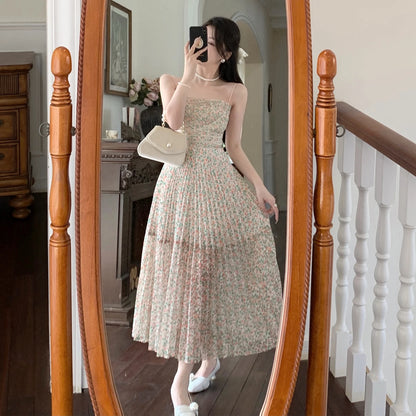 Robe d'invité de mariage pour femme, style français, robe plissée à fleurs vintage d'été, robe plissée à bretelles spaghetti, taille haute