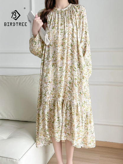 BirdTree, 19MM 100% vraie soie robes élégantes, femmes manches longues col rond fleur, robe chic de prairie française, été 2024 D45025QC