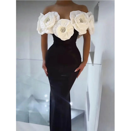 Vestido de fiesta de cumpleaños para mujer, sexy, con hombros descubiertos y largo hasta los tobillos, con flores blancas estereoscópicas, vestido de fiesta de boda