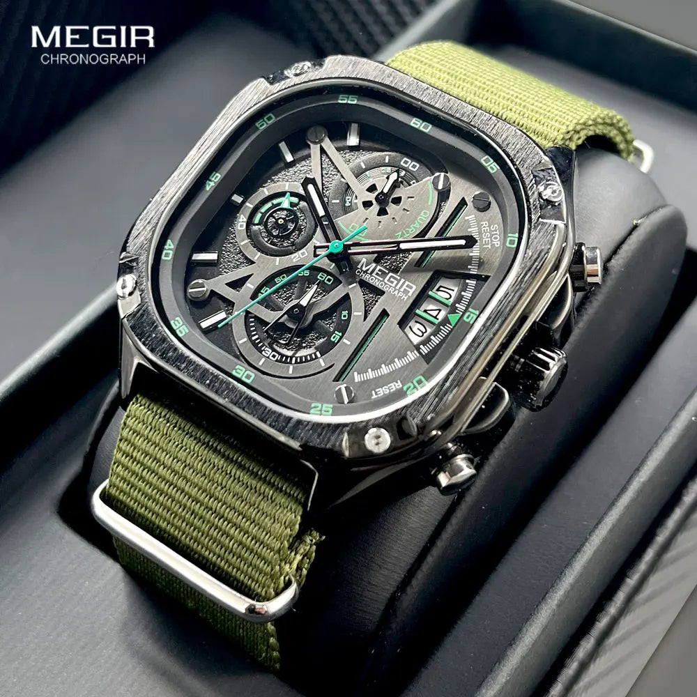 Montre à quartz noire MEGIR pour homme, étanche, cadran carré, avec chronographe, bracelet en acier inoxydable, aiguilles lumineuses, date automatique