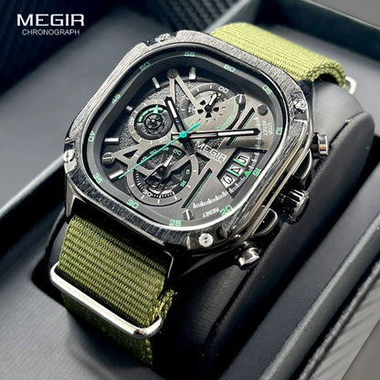 Reloj de cuarzo negro MEGIR para hombre, resistente al agua, con esfera cuadrada, cronógrafo, correa de acero inoxidable, agujas luminosas y fecha automática