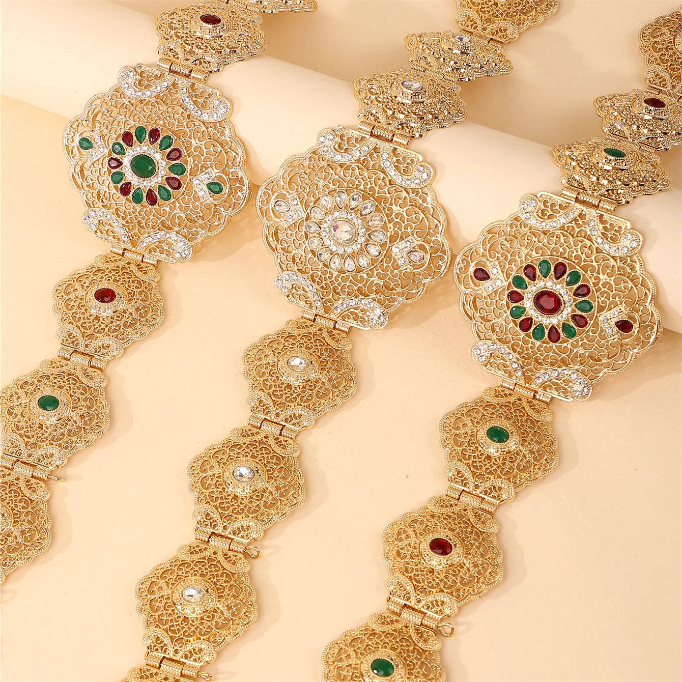 Moroccan Wedding Jewelry Robe Belt For Women Gold Red White Green Crystal Bride Hollow Waist Chain