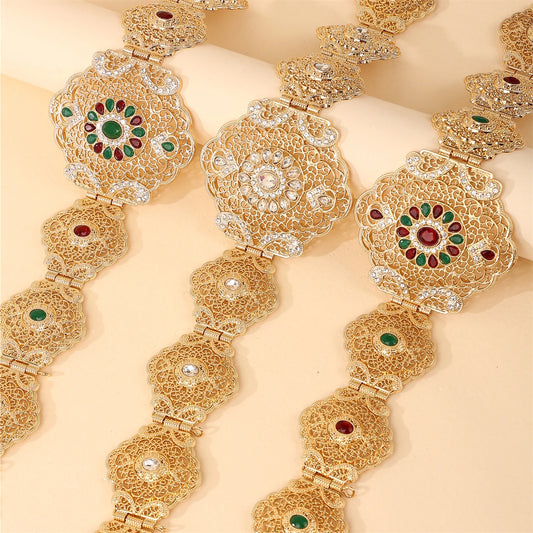 Ceinture de robe de bijoux de mariage marocain pour femmes, chaîne de taille creuse en cristal doré rouge blanc vert pour mariée