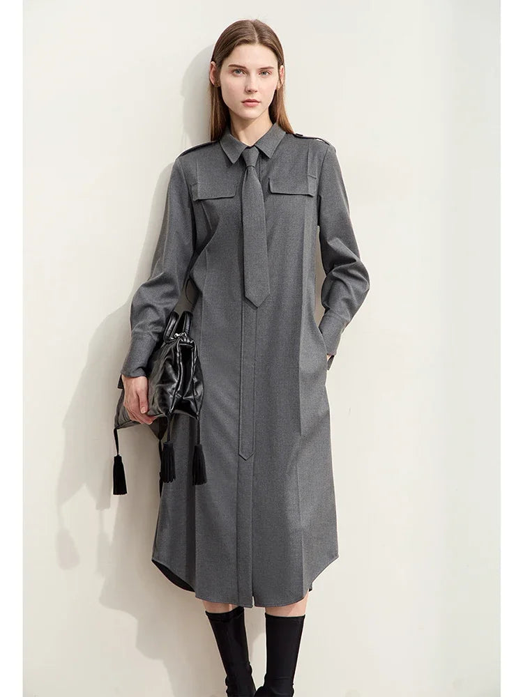 Amii Minimalism Shirt Dress For Women 2024 Autumn New Military Style With Belt Tie Retro Fashion Long Women's Dresses 12443073