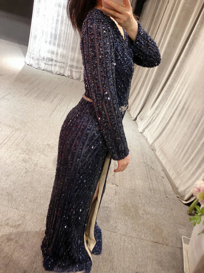 Real Pictures Elegant Navy Blue V-neck Long Sleeves Hand Sewing Beads Custom Made Floor Length Evening Party Dress for Wedding