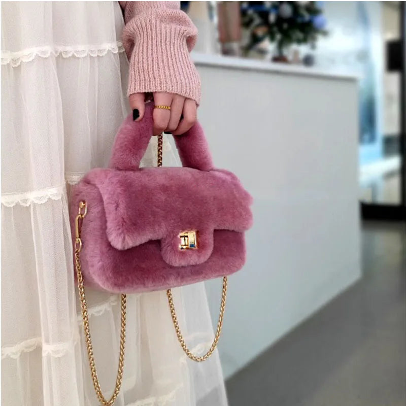 Sac en laine neuve Sac en fourrure véritable et fourrure intégrée Sac en peluche Sac à main Sac à bandoulière à chaîne pour femme Petit sac à main parfumé