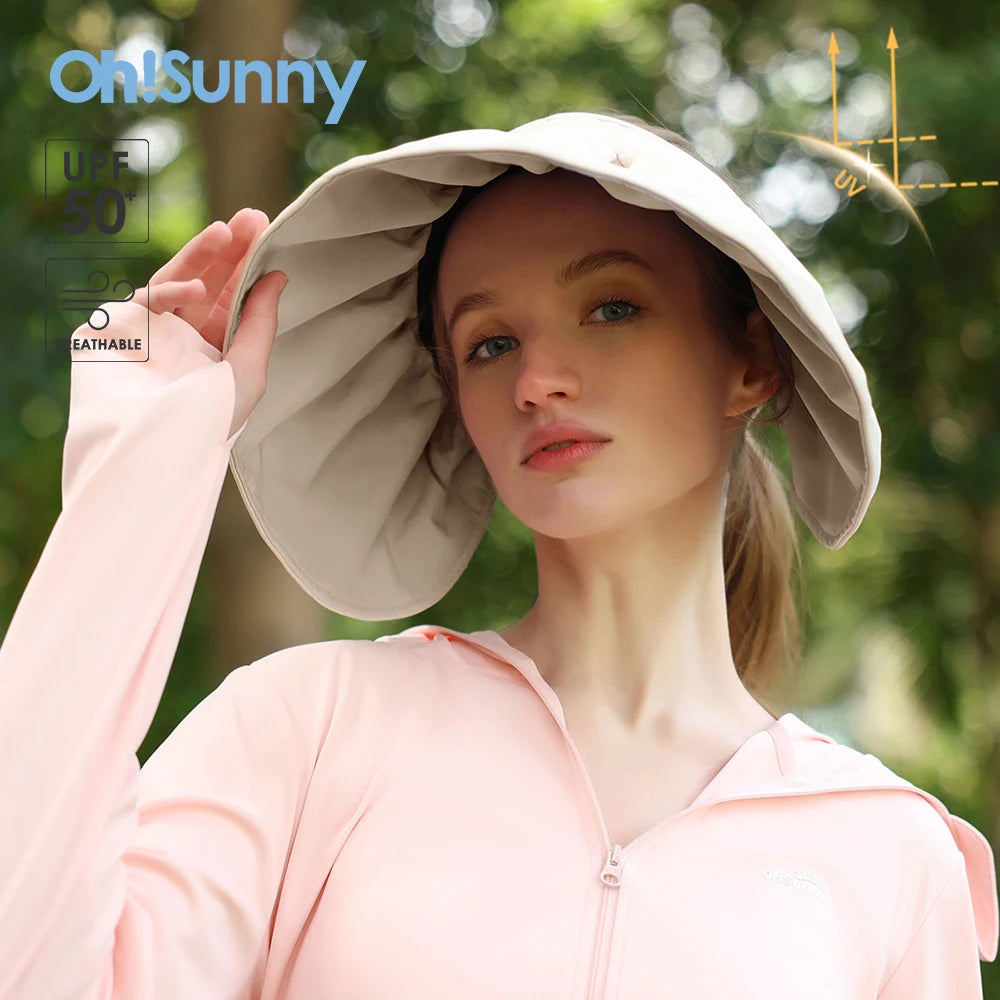 OhSunny - Gorro con cinta para la cabeza con tiras para atar, plegable, con forma de concha, para mujer, 2024, protección facial completa, parte superior vacía, ala grande, sombrero de playa anti-UV