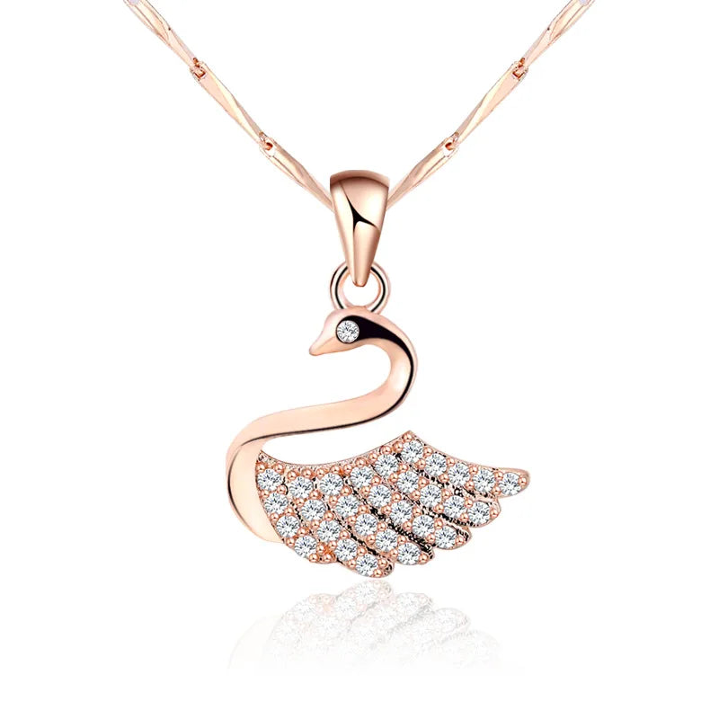 Collar de cisne de oro rosa y plata de ley 925 para mujer, colgante de circonita, cadena de clavícula, joyería fina, accesorios románticos, regalos