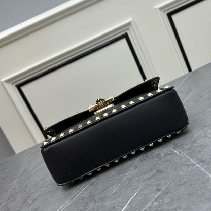 2024 New Arrival! Sleek Black Leather Shoulder Bag with Golden Rivets, Adjustable Strap, Platinum-Plated Hardware