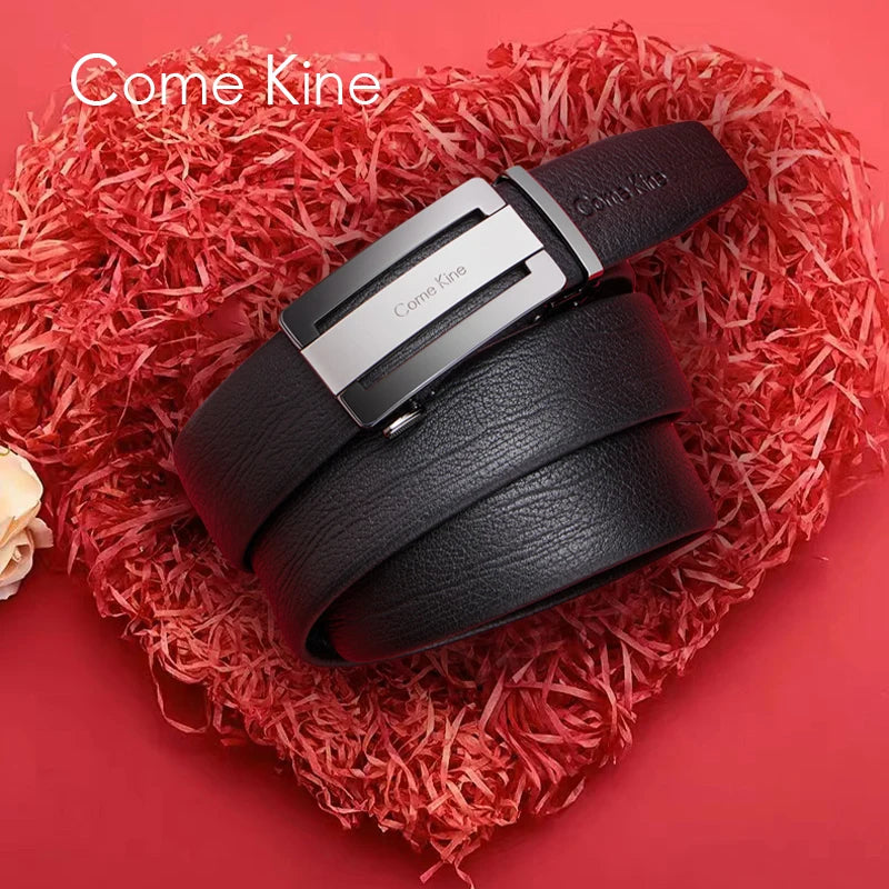 ComeKine Men's Belt Genuine Leather Automatic Buckle Belt Light Luxury Brand Gifts for Boyfriend Husband High End Gift Box