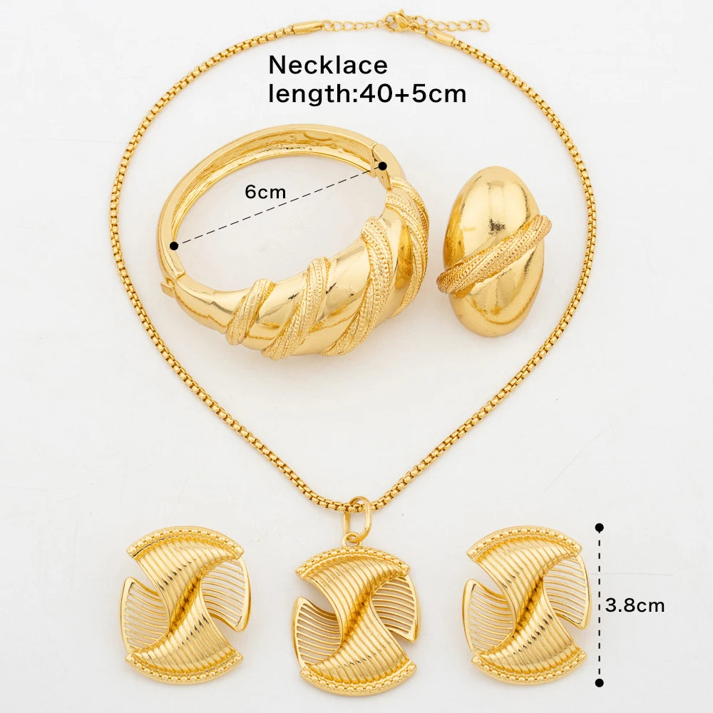 Fashion Gold Plated Jewelry Set for Women Spiral Clip Earrings Necklace with Bracelet Ring Dubai Engagement Bridal Accessories