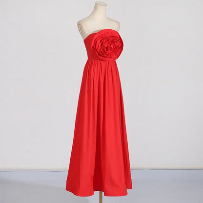 2024 New Women's Red Luxury Strapless 3D Rose Long Wedding Bridesmaid Dress Elegant Celebrity Evening Party Dress