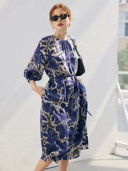 SuyaDream Women Floral Dresses 100%Silk Crepe Lantern Sleeves Sashes Long Dress 2023 Spring Summer Office Lady Clothes Blue