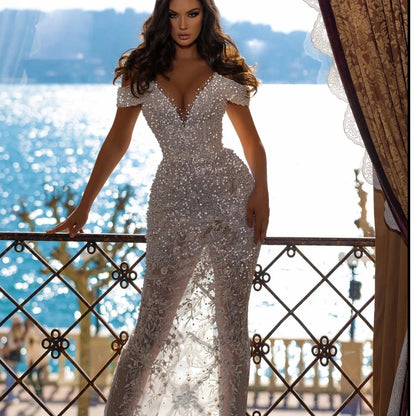 Vestido de novia con cola desmontable y hombros descubiertos, con perlas brillantes, vestido de novia de lujo con apliques, vestido de novia