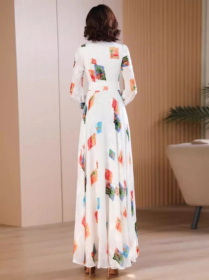 New Women Spring Autumn Print Chiffon Dress Fashion Ribbon Collar Long Sleeve High Waist Dress Elegant Flowing Slim Long Dress