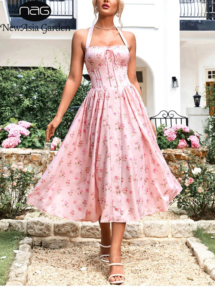 Vestido midi con corsé y estampado floral sin espalda con cuello halter para mujer de NewAsia, tirantes finos, atado, moda informal, vestidos largos para vacaciones en rosa