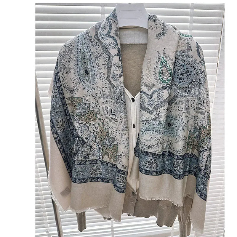 Bufandas de lana con estampado de cachemira para mujer, estilo bohemio, chal de lana cuadrado grande, poncho de lujo con jacquard de diamantes, 135 x 135 cm