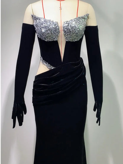 Robe longue en velours à paillettes pour femmes, tenue de soirée élégante et sexy, épaules dénudées, tenue de spectacle sur scène, 2024